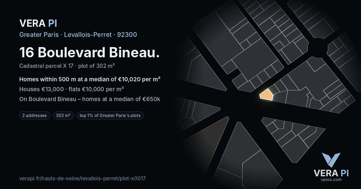 16 Boulevard Bineau, Levallois-Perret at night – the plot lit, the parcels around coloured by the prices near them