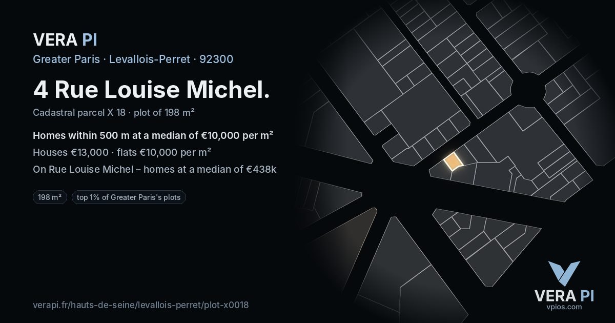 4 Rue Louise Michel, Levallois-Perret at night – the plot lit, the parcels around coloured by the prices near them