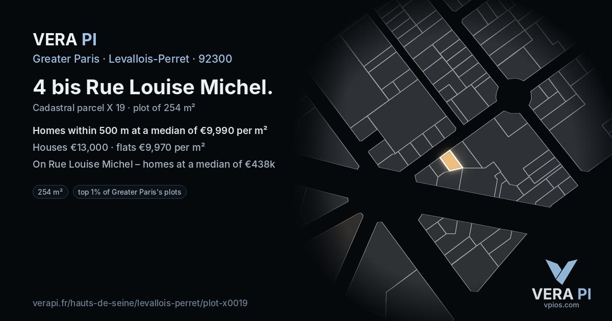 4 bis Rue Louise Michel, Levallois-Perret at night – the plot lit, the parcels around coloured by the prices near them