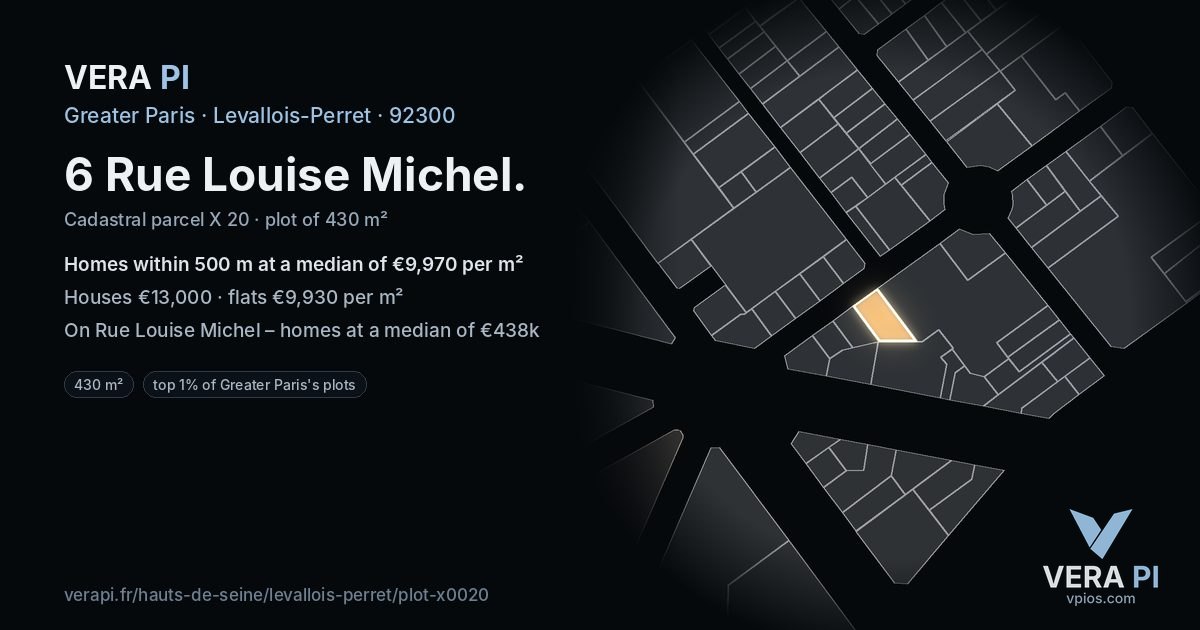 6 Rue Louise Michel, Levallois-Perret at night – the plot lit, the parcels around coloured by the prices near them