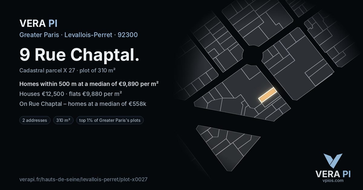 9 Rue Chaptal, Levallois-Perret at night – the plot lit, the parcels around coloured by the prices near them
