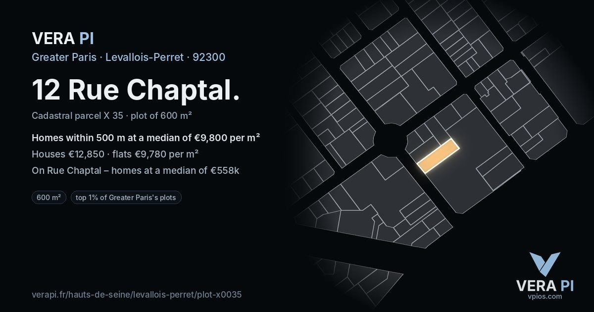 12 Rue Chaptal, Levallois-Perret at night – the plot lit, the parcels around coloured by the prices near them