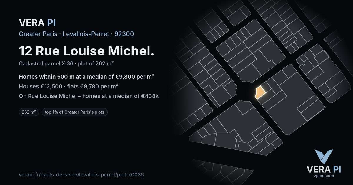 12 Rue Louise Michel, Levallois-Perret at night – the plot lit, the parcels around coloured by the prices near them