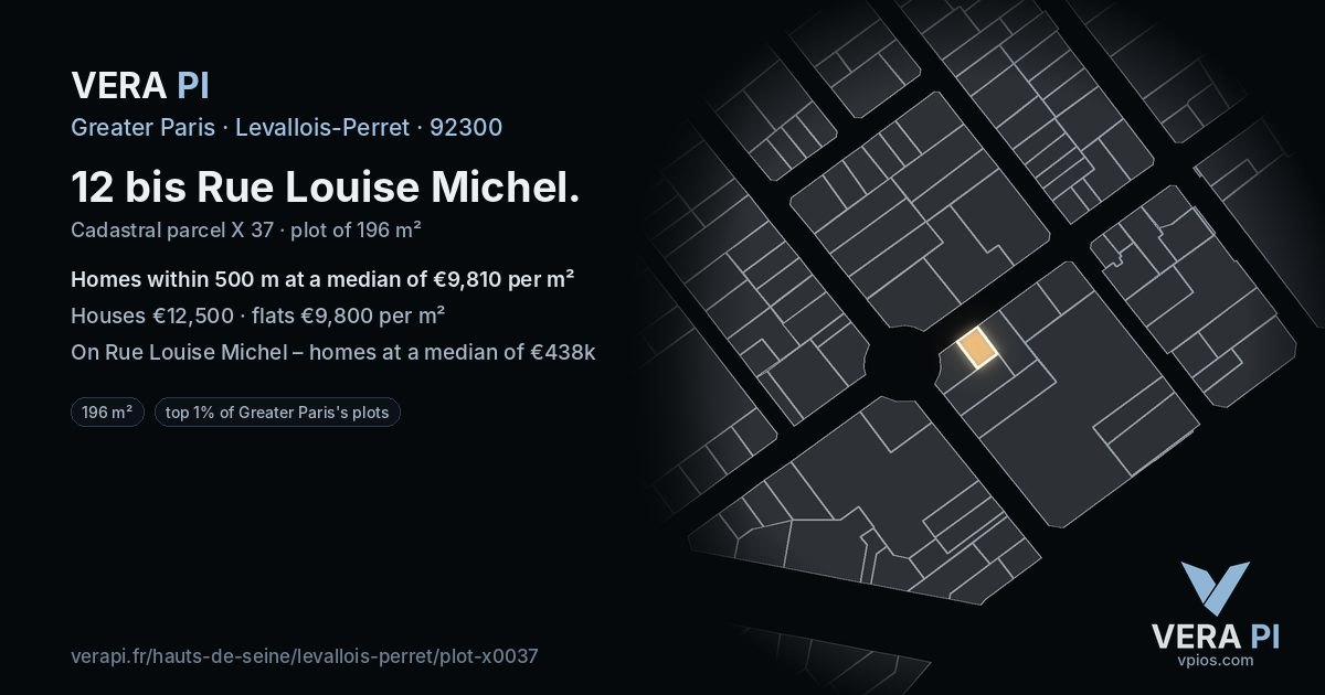 12 bis Rue Louise Michel, Levallois-Perret at night – the plot lit, the parcels around coloured by the prices near them