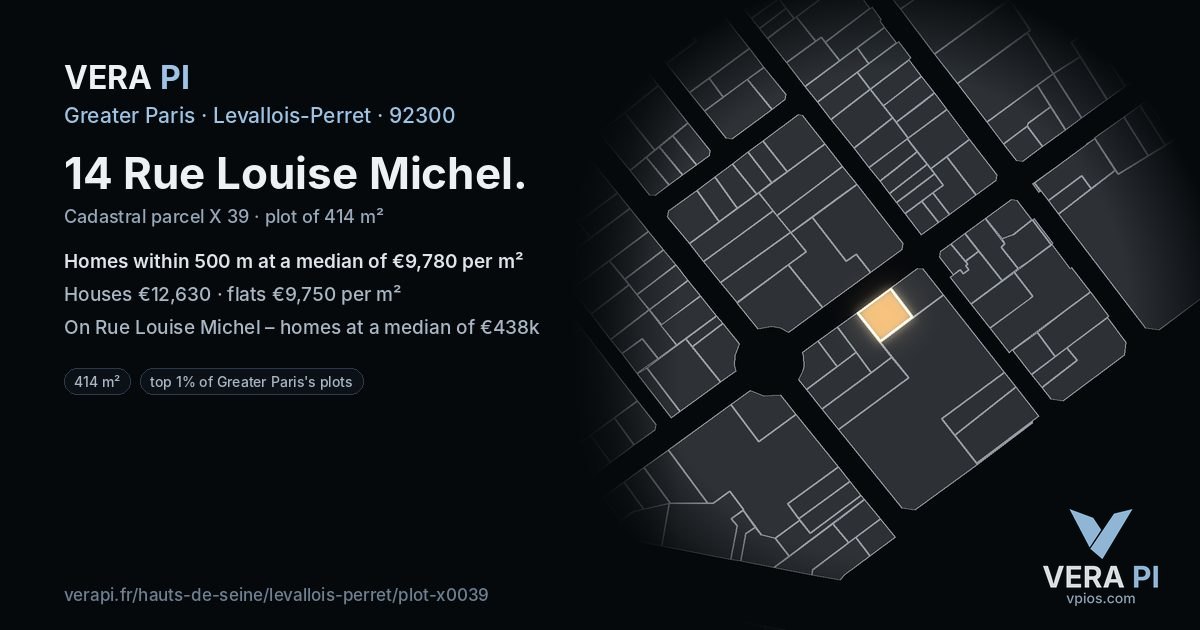 14 Rue Louise Michel, Levallois-Perret at night – the plot lit, the parcels around coloured by the prices near them