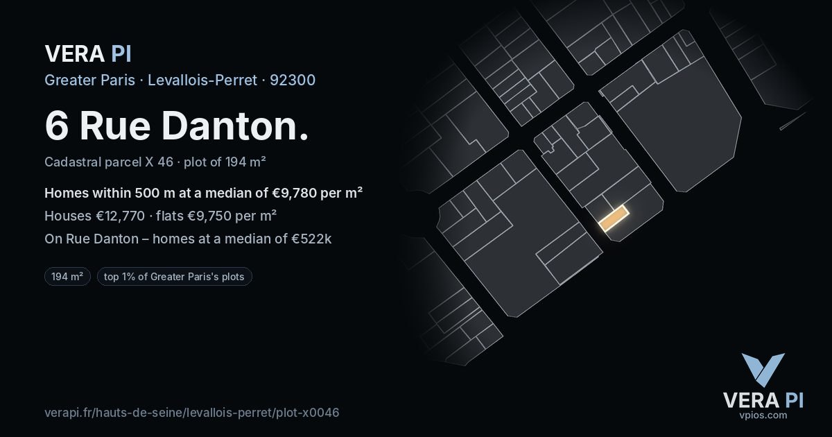 6 Rue Danton, Levallois-Perret at night – the plot lit, the parcels around coloured by the prices near them