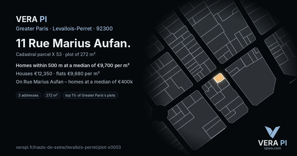 11 Rue Marius Aufan, Levallois-Perret at night – the plot lit, the parcels around coloured by the prices near them