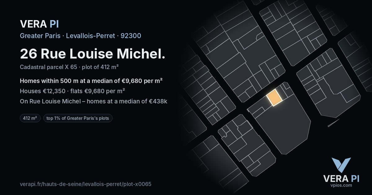 26 Rue Louise Michel, Levallois-Perret at night – the plot lit, the parcels around coloured by the prices near them