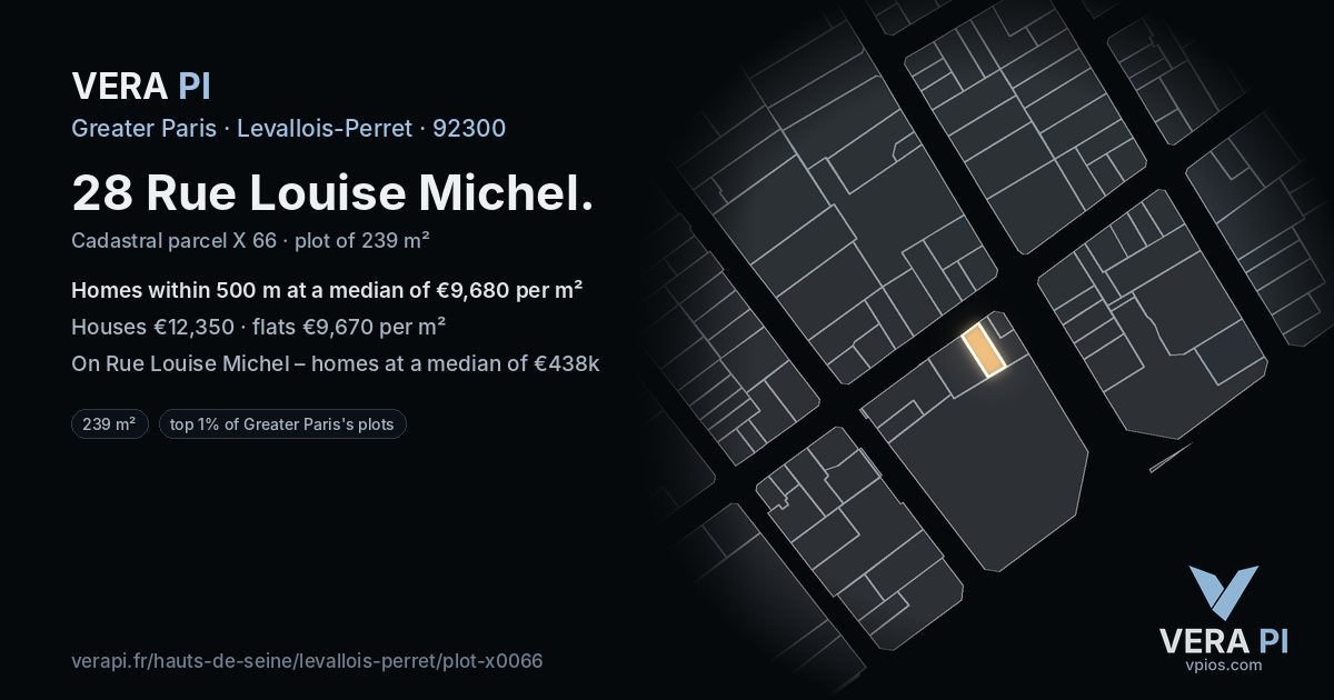 28 Rue Louise Michel, Levallois-Perret at night – the plot lit, the parcels around coloured by the prices near them