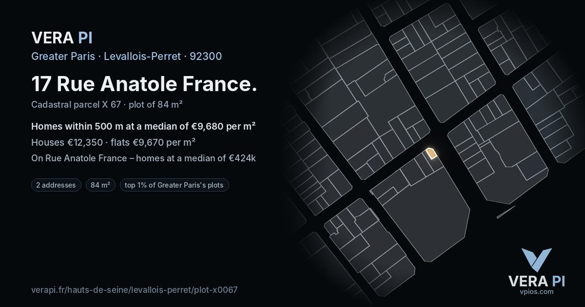 17 Rue Anatole France, Levallois-Perret at night – the plot lit, the parcels around coloured by the prices near them