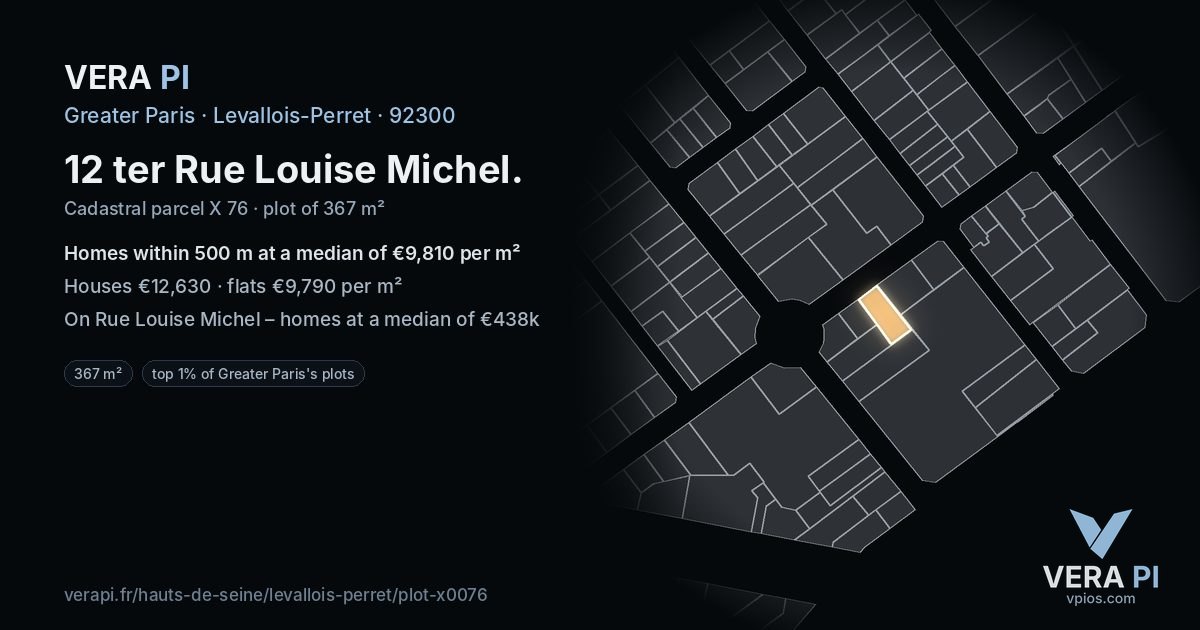 12 ter Rue Louise Michel, Levallois-Perret at night – the plot lit, the parcels around coloured by the prices near them