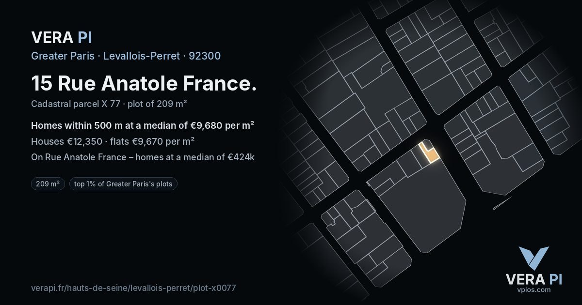 15 Rue Anatole France, Levallois-Perret at night – the plot lit, the parcels around coloured by the prices near them