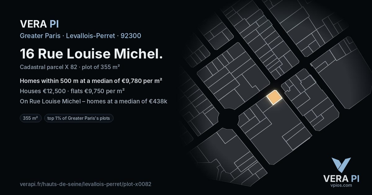 16 Rue Louise Michel, Levallois-Perret at night – the plot lit, the parcels around coloured by the prices near them
