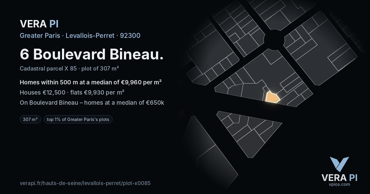 6 Boulevard Bineau, Levallois-Perret at night – the plot lit, the parcels around coloured by the prices near them