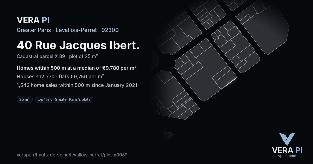40 Rue Jacques Ibert, Levallois-Perret at night – the plot lit, the parcels around coloured by the prices near them