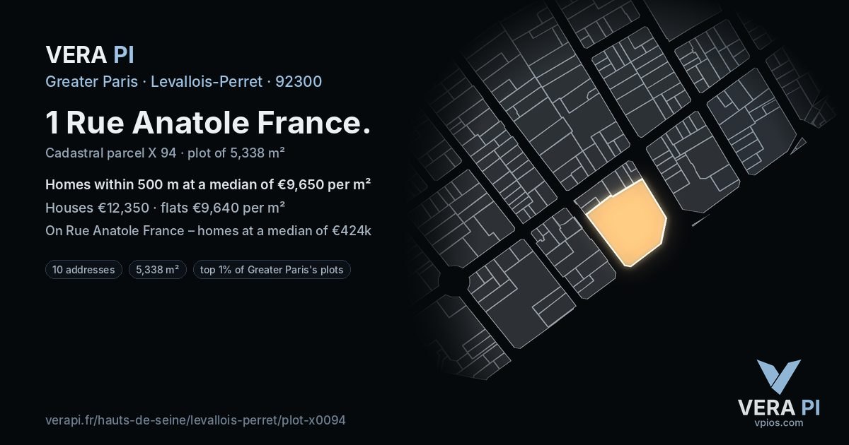 1 Rue Anatole France, Levallois-Perret at night – the plot lit, the parcels around coloured by the prices near them