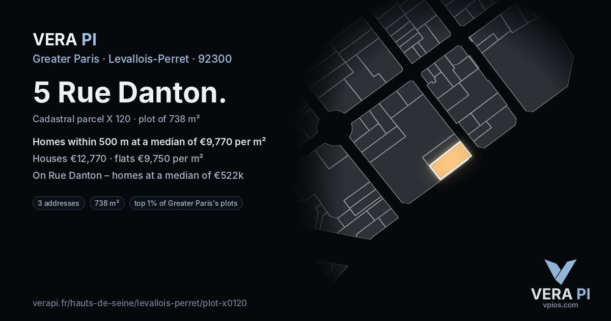 5 Rue Danton, Levallois-Perret at night – the plot lit, the parcels around coloured by the prices near them