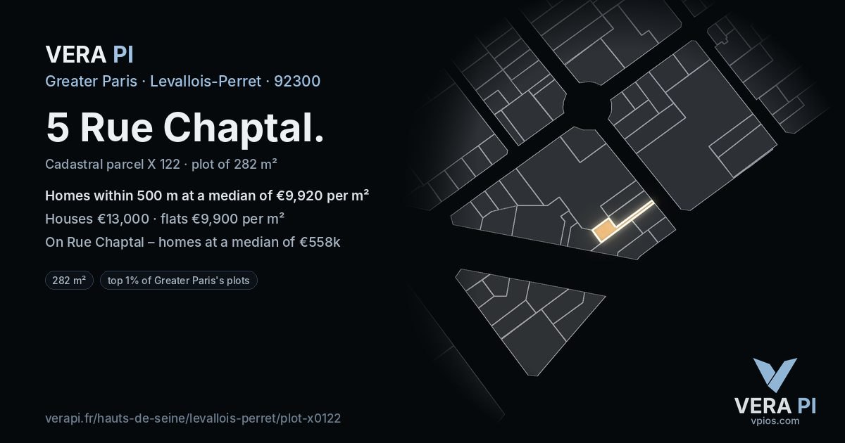 5 Rue Chaptal, Levallois-Perret at night – the plot lit, the parcels around coloured by the prices near them