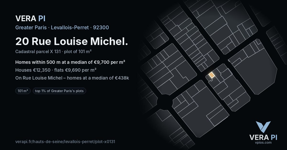 20 Rue Louise Michel, Levallois-Perret at night – the plot lit, the parcels around coloured by the prices near them