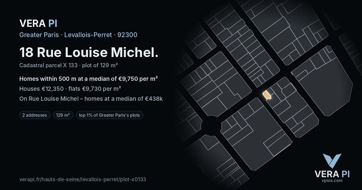 18 Rue Louise Michel, Levallois-Perret at night – the plot lit, the parcels around coloured by the prices near them