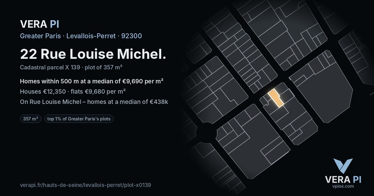 22 Rue Louise Michel, Levallois-Perret at night – the plot lit, the parcels around coloured by the prices near them