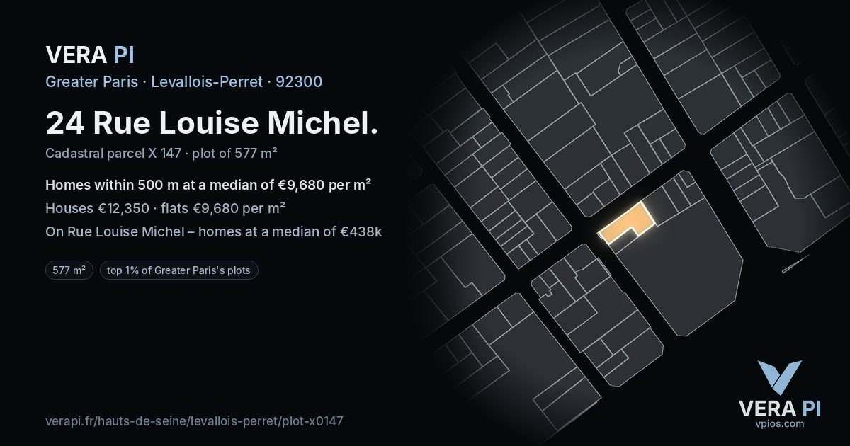 24 Rue Louise Michel, Levallois-Perret at night – the plot lit, the parcels around coloured by the prices near them