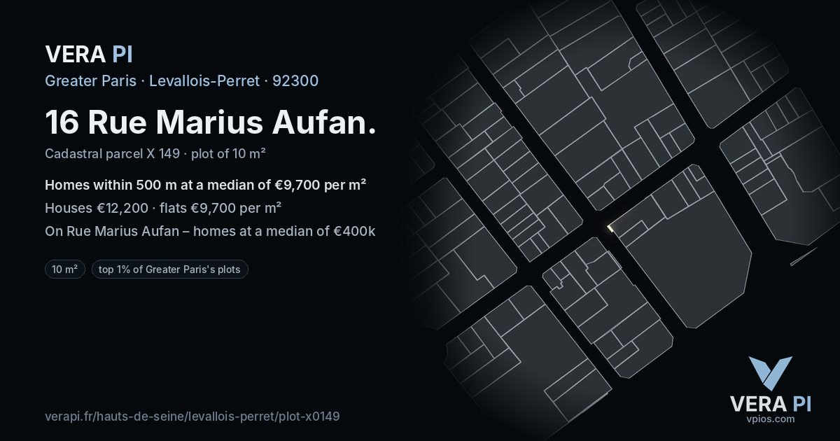 16 Rue Marius Aufan, Levallois-Perret at night – the plot lit, the parcels around coloured by the prices near them