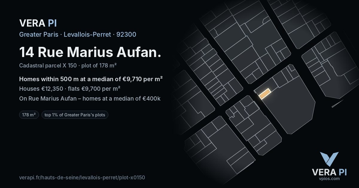 14 Rue Marius Aufan, Levallois-Perret at night – the plot lit, the parcels around coloured by the prices near them
