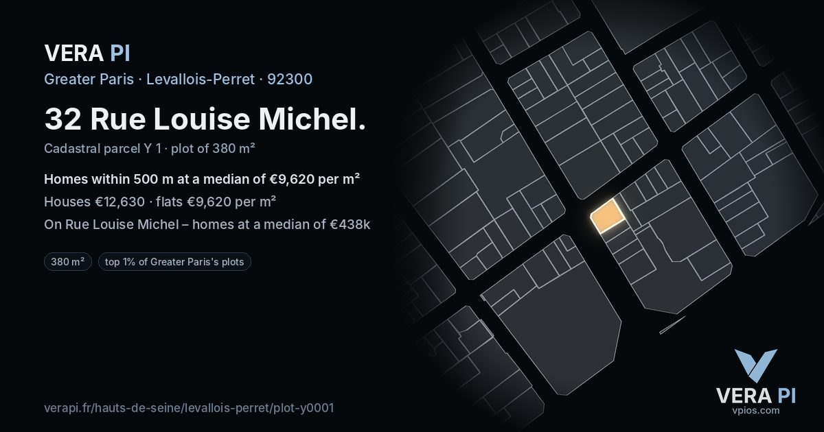 32 Rue Louise Michel, Levallois-Perret at night – the plot lit, the parcels around coloured by the prices near them