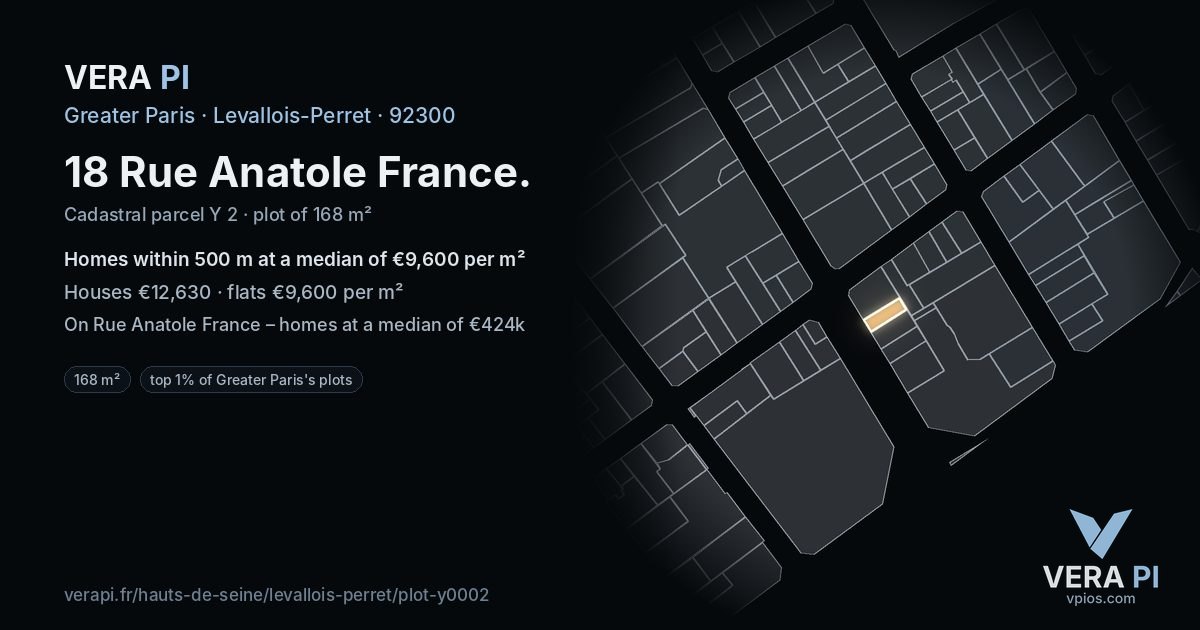 18 Rue Anatole France, Levallois-Perret at night – the plot lit, the parcels around coloured by the prices near them