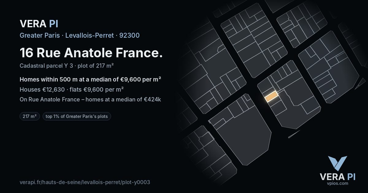 16 Rue Anatole France, Levallois-Perret at night – the plot lit, the parcels around coloured by the prices near them