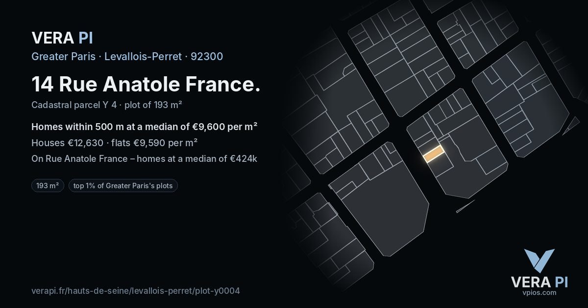 14 Rue Anatole France, Levallois-Perret at night – the plot lit, the parcels around coloured by the prices near them
