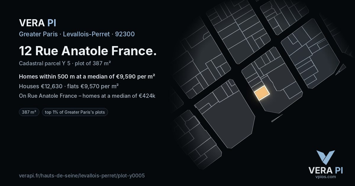 12 Rue Anatole France, Levallois-Perret at night – the plot lit, the parcels around coloured by the prices near them