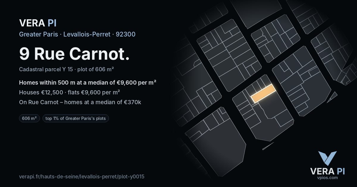 9 Rue Carnot, Levallois-Perret at night – the plot lit, the parcels around coloured by the prices near them