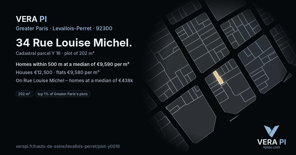 34 Rue Louise Michel, Levallois-Perret at night – the plot lit, the parcels around coloured by the prices near them