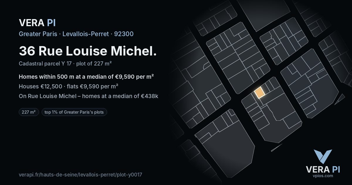 36 Rue Louise Michel, Levallois-Perret at night – the plot lit, the parcels around coloured by the prices near them
