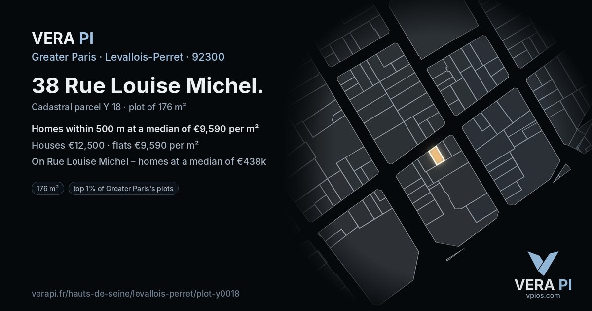 38 Rue Louise Michel, Levallois-Perret at night – the plot lit, the parcels around coloured by the prices near them