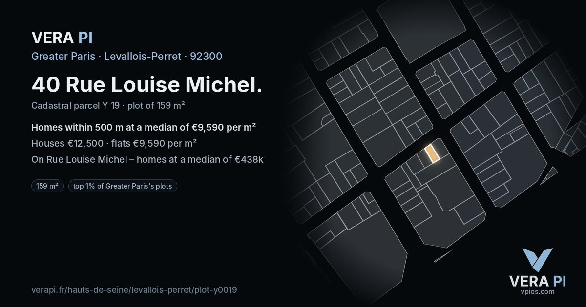40 Rue Louise Michel, Levallois-Perret at night – the plot lit, the parcels around coloured by the prices near them