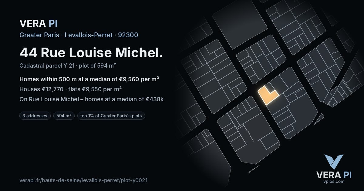 44 Rue Louise Michel, Levallois-Perret at night – the plot lit, the parcels around coloured by the prices near them