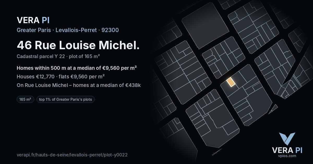 46 Rue Louise Michel, Levallois-Perret at night – the plot lit, the parcels around coloured by the prices near them