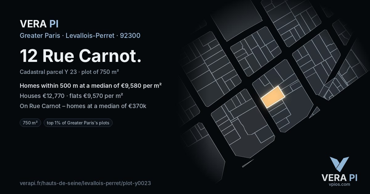 12 Rue Carnot, Levallois-Perret at night – the plot lit, the parcels around coloured by the prices near them