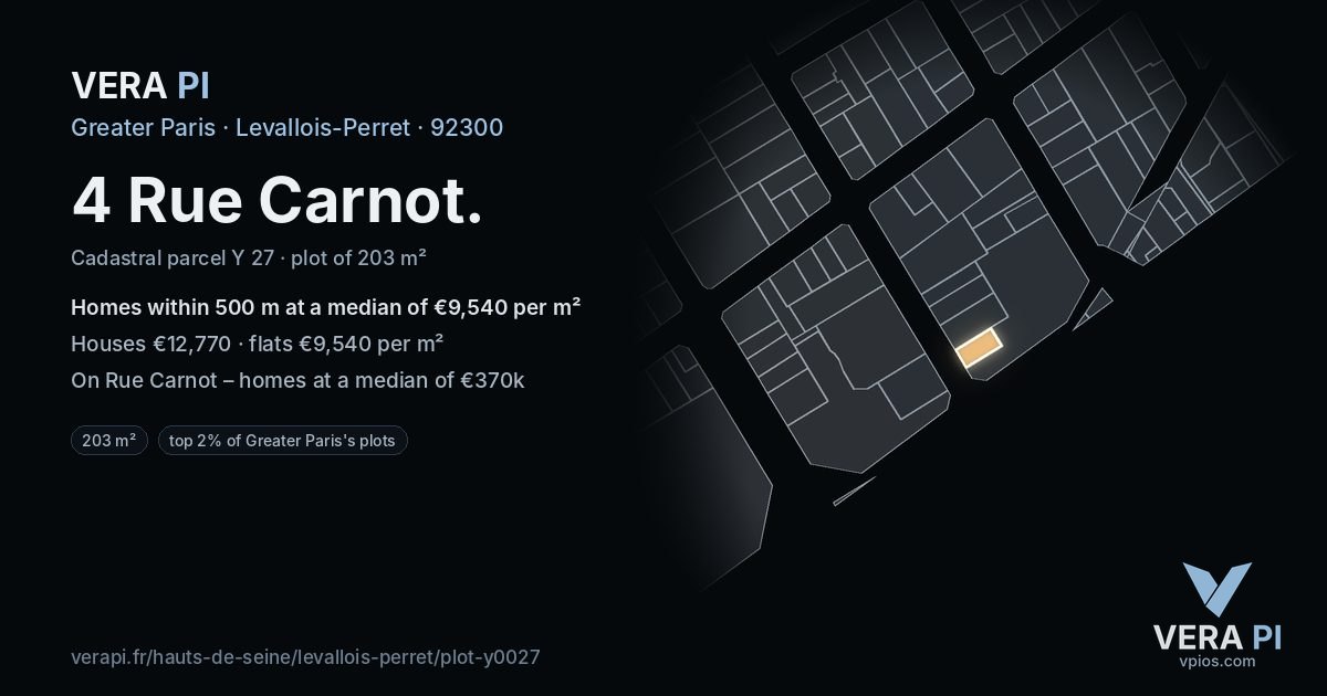 4 Rue Carnot, Levallois-Perret at night – the plot lit, the parcels around coloured by the prices near them