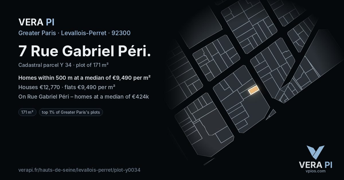 7 Rue Gabriel Péri, Levallois-Perret at night – the plot lit, the parcels around coloured by the prices near them