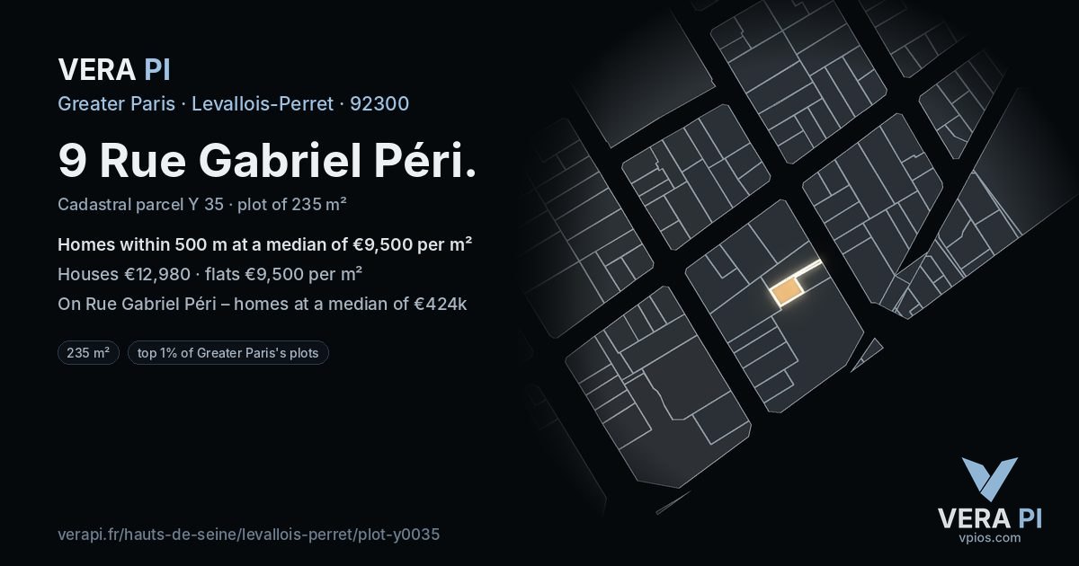 9 Rue Gabriel Péri, Levallois-Perret at night – the plot lit, the parcels around coloured by the prices near them