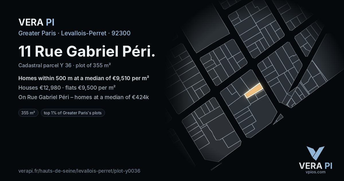 11 Rue Gabriel Péri, Levallois-Perret at night – the plot lit, the parcels around coloured by the prices near them