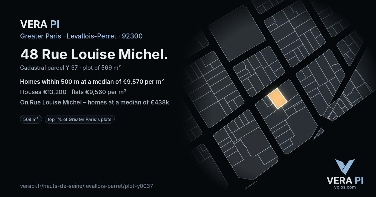 48 Rue Louise Michel, Levallois-Perret at night – the plot lit, the parcels around coloured by the prices near them