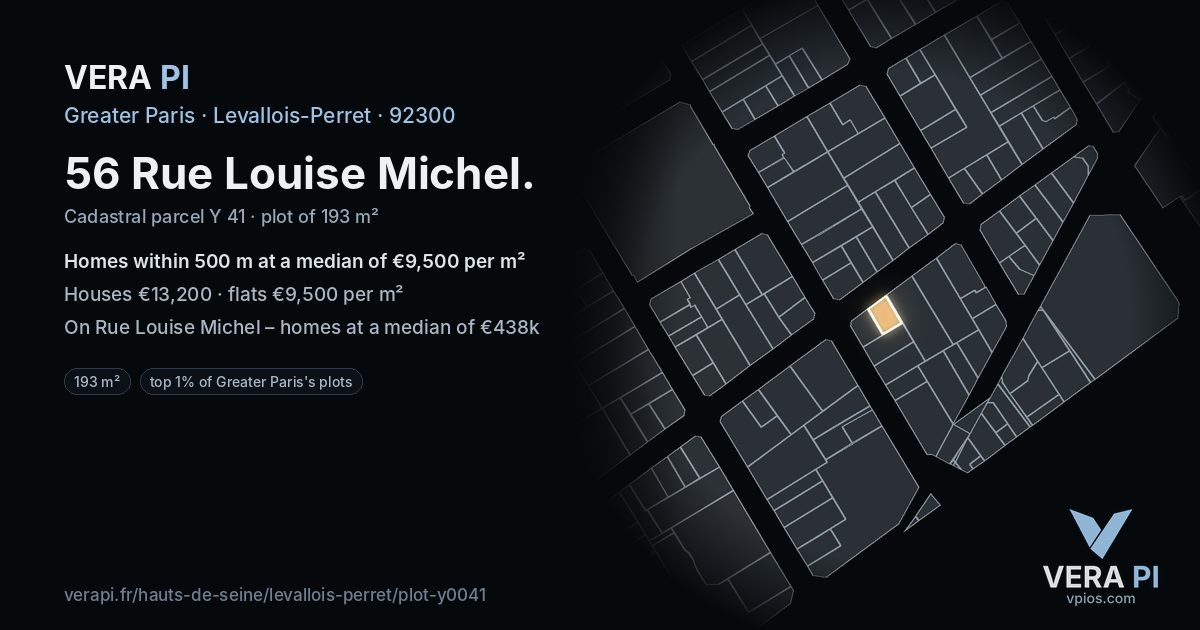 56 Rue Louise Michel, Levallois-Perret at night – the plot lit, the parcels around coloured by the prices near them