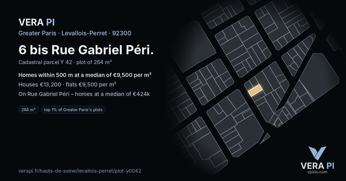 6 bis Rue Gabriel Péri, Levallois-Perret at night – the plot lit, the parcels around coloured by the prices near them