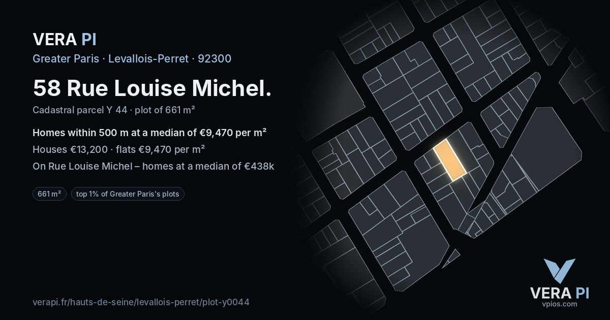 58 Rue Louise Michel, Levallois-Perret at night – the plot lit, the parcels around coloured by the prices near them