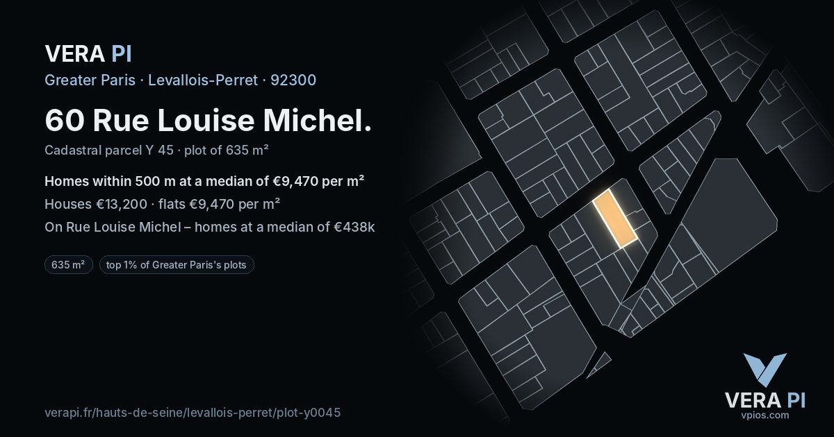 60 Rue Louise Michel, Levallois-Perret at night – the plot lit, the parcels around coloured by the prices near them